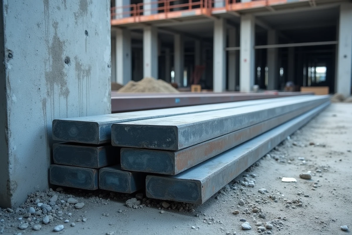 Fers plats 40x4 stockés sur un chantier de construction en béton brut