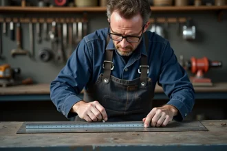 Ouvrier serrurier mesurant un fer plat 40x4 sur un établi métallique en atelier