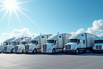 Flotte de camions américains modernes dans un centre logistique