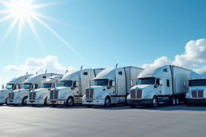 Flotte de camions américains modernes dans un centre logistique