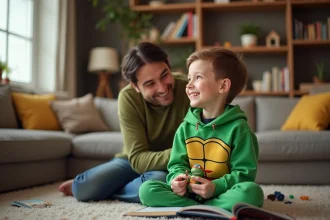Garçon souriant avec figurine tortue ninja dans un salon chaleureux