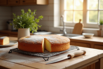Gâteau éponge maison refroidissant dans une cuisine chaleureuse
