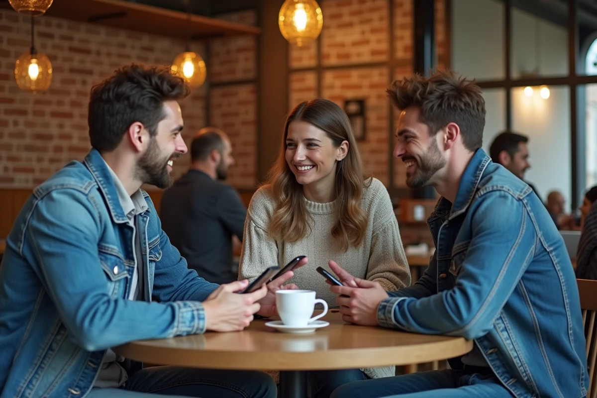 Groupe de trois personnes discutant d'une polémique politique autour d'un café, symbolisant le débat citoyen apaisé