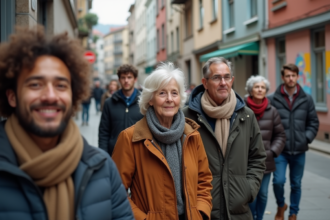 Groupe de jeunes et seniors dans la ville