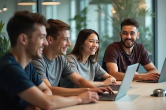 Jeunes adultes en sportwear autour d'une table de réunion