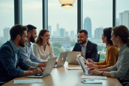 Groupe de professionnels autour d'une table en bureau écologique