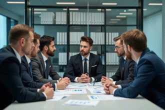 Groupe de professionnels en réunion dans une salle moderne