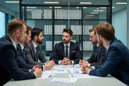 Groupe de professionnels en réunion dans une salle moderne