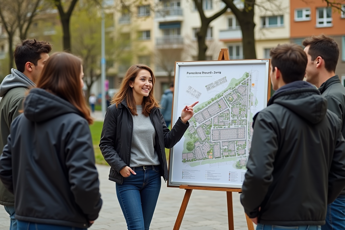 Groupe de résidents discutant autour d’un panneau urbain en parc