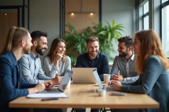 Groupe de collègues en réunion dans un bureau moderne