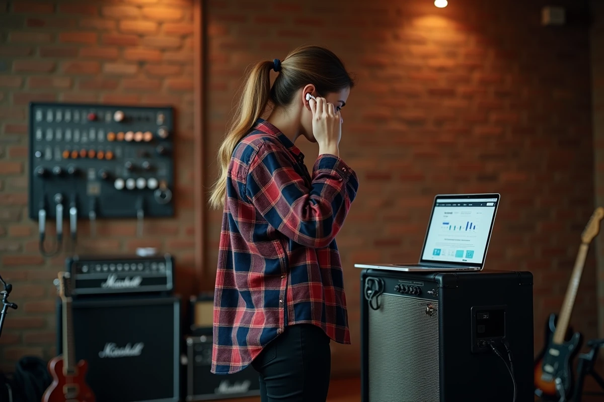Guitariste insérant des bouchons d'oreilles en consultant un calculateur de décibels sur ordinateur portable en studio