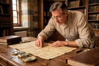 Historien examinant des cartes nautiques anciennes et des journaux de bord d'un navigateur français célèbre dans une salle d'archives universitaire