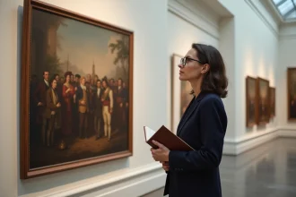 Historienne examinant une reproduction du tableau American Progress de John Gast dans une galerie académique contemporaine en 2026