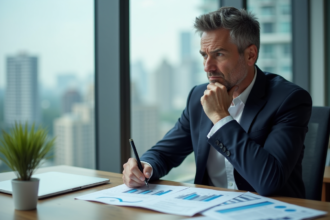 Homme d'affaires réfléchissant devant des documents immobiliers