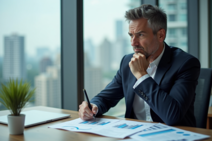 Homme d'affaires réfléchissant devant des documents immobiliers