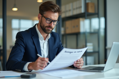 Homme d'affaires en costume bleu lisant un document