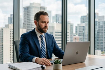 Homme d'affaires en costume navyblue dans un bureau moderne