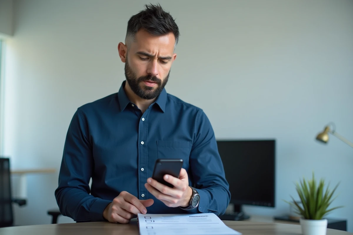 Homme analysant un site monpokedex douteux sur smartphone pour détecter une arnaque potentielle