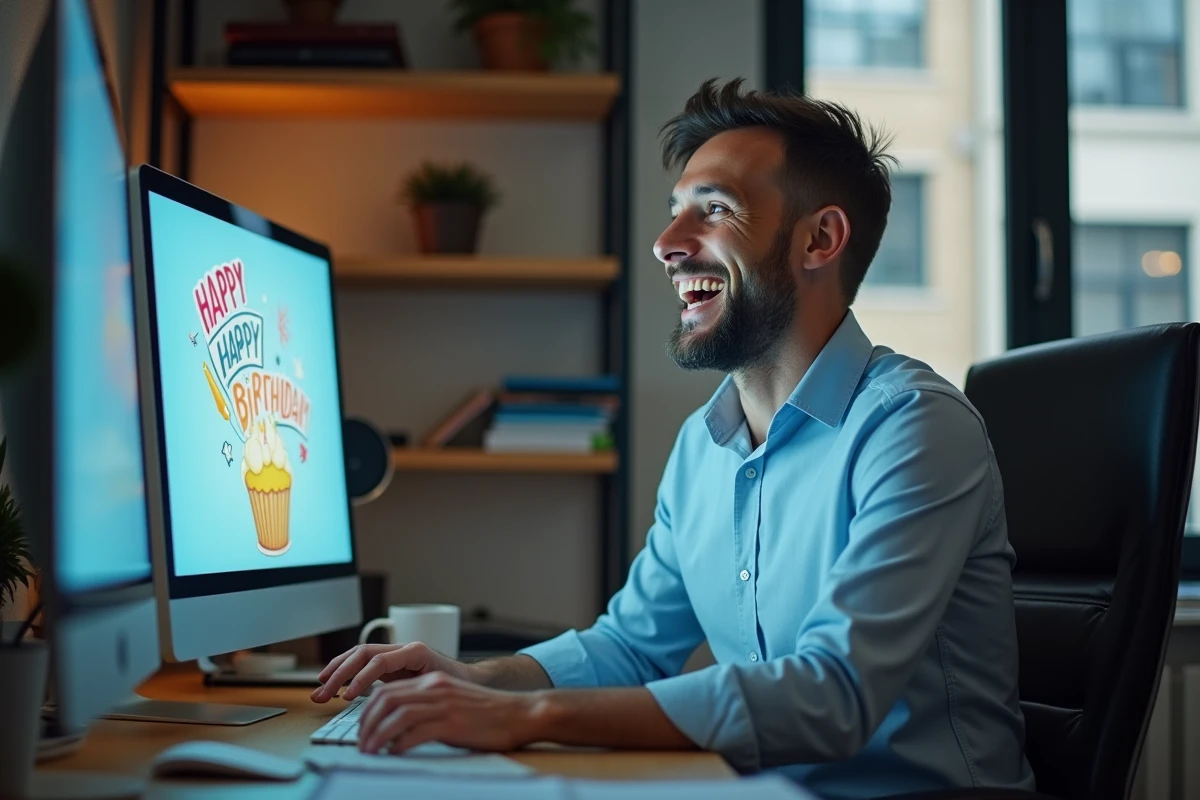 Homme d'une trentaine d'années riant devant un gif animé d'anniversaire sur son écran d'ordinateur au bureau