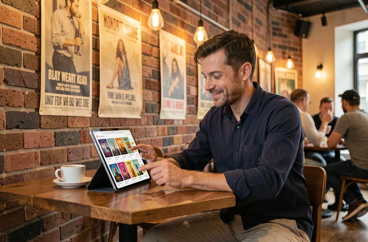 Homme parcourant un catalogue de romans romance sur tablette dans un café urbain tendance