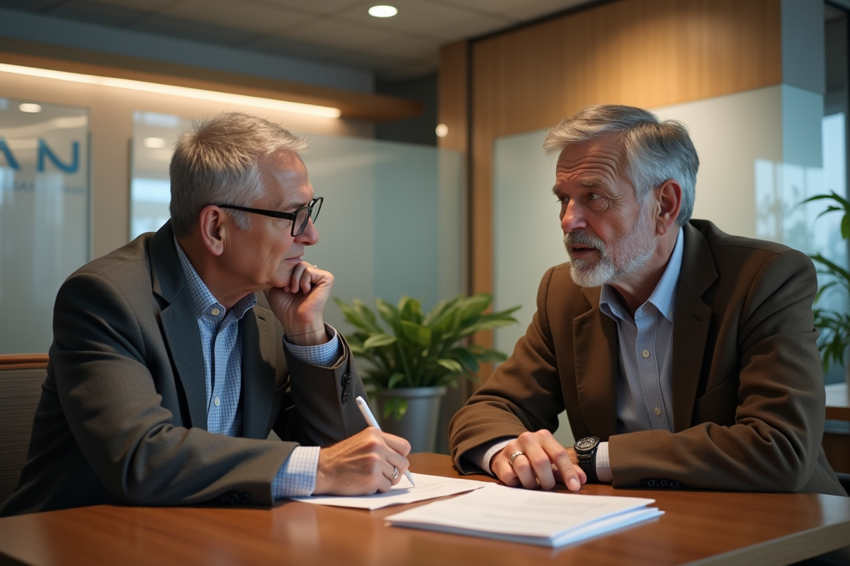 Homme mature discutant avec un banquier dans une agence bancaire