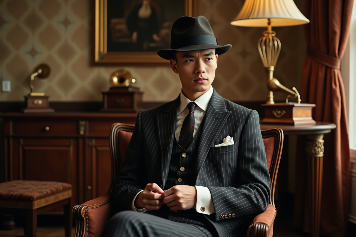 Homme en costume pinstripe dans un intérieur art deco