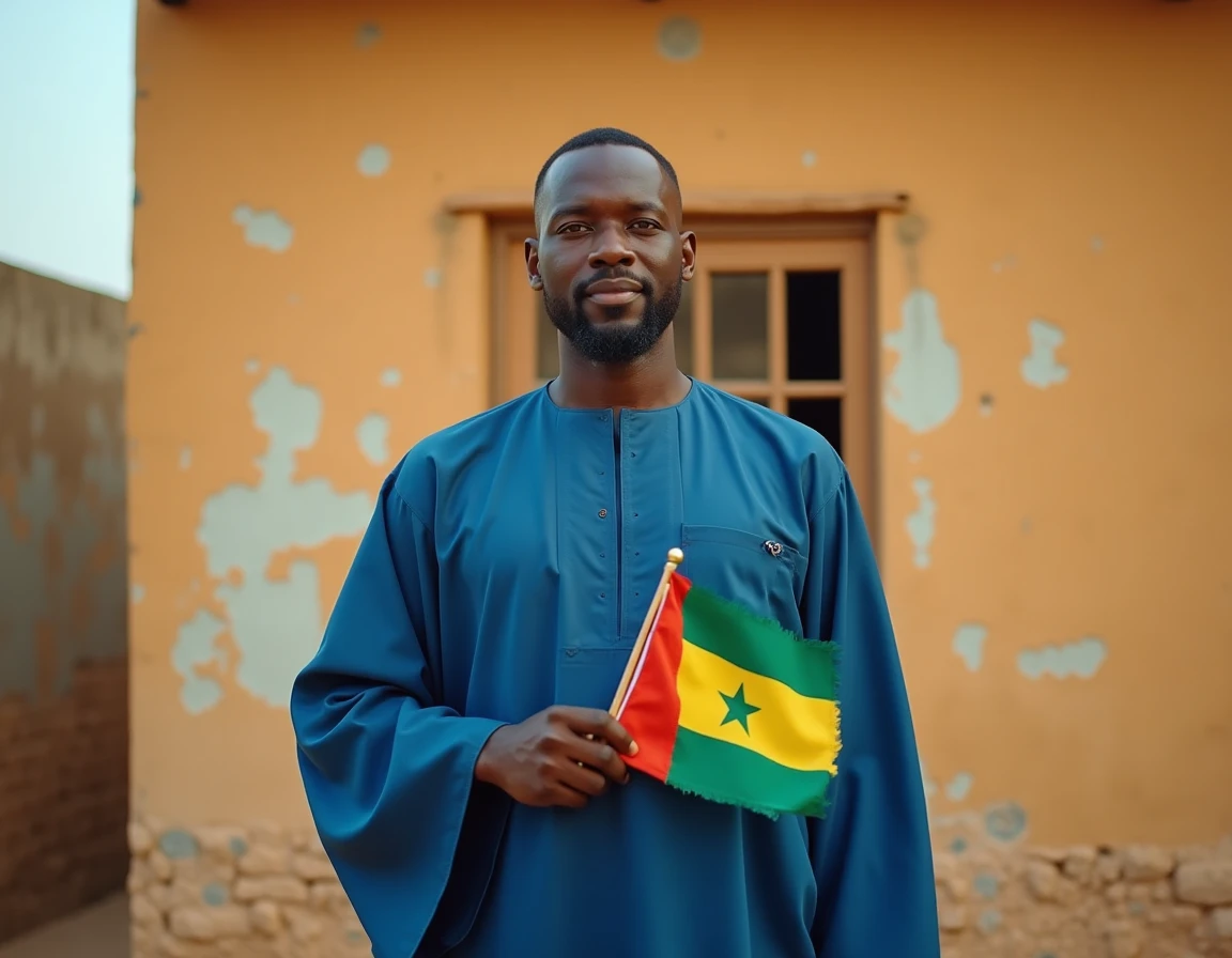 Homme sénégalais en boubou tenant un drapeau sénégalais jaune vert rouge avec étoile verte à Dakar