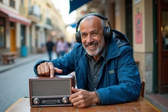 Homme d'Afrique du Nord ajustant une radio rétro à Mille