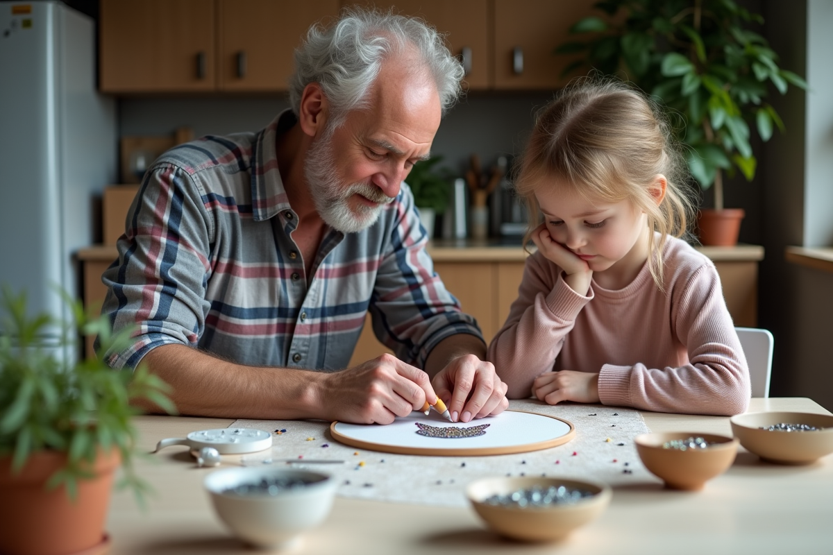 Homme montrant la broderie diamant à une fille