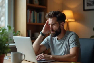 Homme frustré devant un écran d'ordinateur affichant une erreur de connexion dans un bureau à domicile moderne