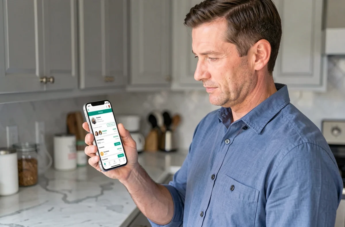 Homme gérant ses dépenses et son abonnement depuis une application mobile dans sa cuisine