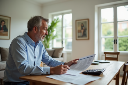 Homme examinant documents d'impots dans un salon lumineux
