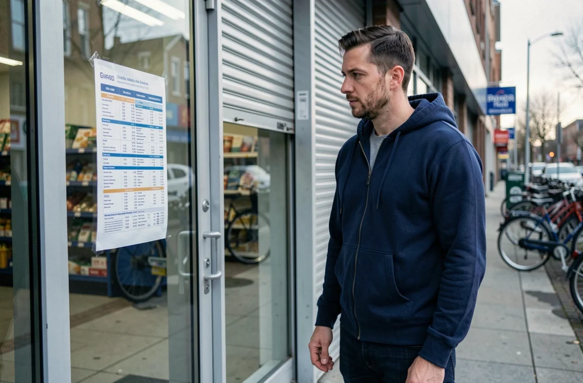 Homme lisant les horaires d'ouverture affichés sur la vitrine d'un magasin Lidl fermé le matin