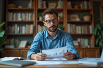 Homme concentré lisant un document dans un bureau cosy