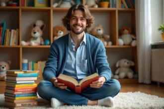 Homme adulte lisant dans un coin lecture chaleureux