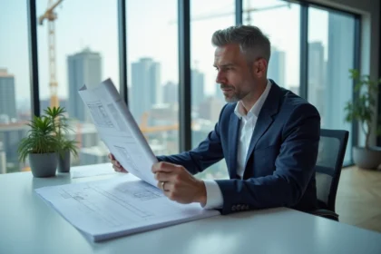 Homme d'affaires en costume bleu examinant un plan dans un bureau moderne