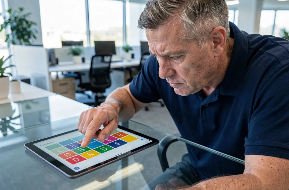 Homme résolvant une énigme 5 lettres sur tablette dans un bureau moderne