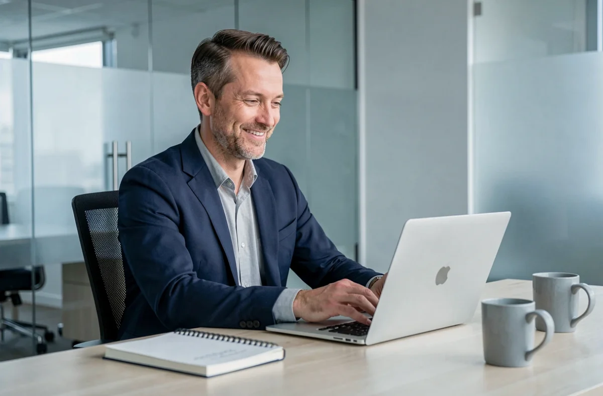 Homme d'affaires rédigeant un email professionnel avec la formule je vous rejoindrai dans un cadre de bureau moderne