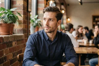 Homme dans un café regardant discrètement dans une direction avec une expression pensive et naturelle