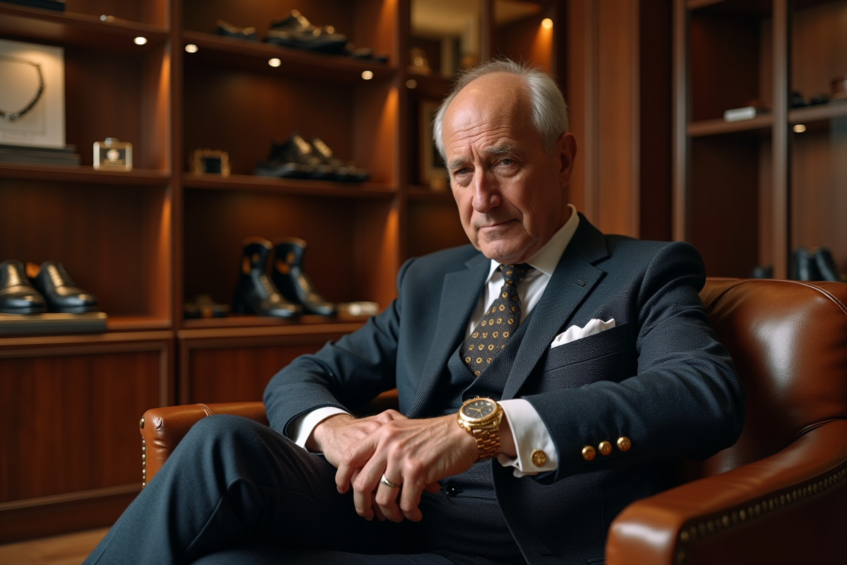 Homme en costume sur canapé dans dressing haut de gamme