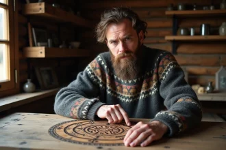 Homme barbu trace un symbole vegvisir en bois dans une cabane rustique