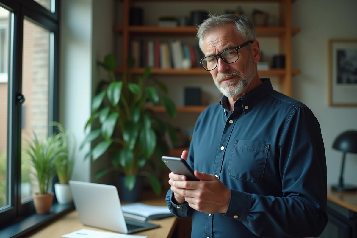 Homme consultant son solde de recharge prépayée Lycamobile sur smartphone dans un bureau à domicile