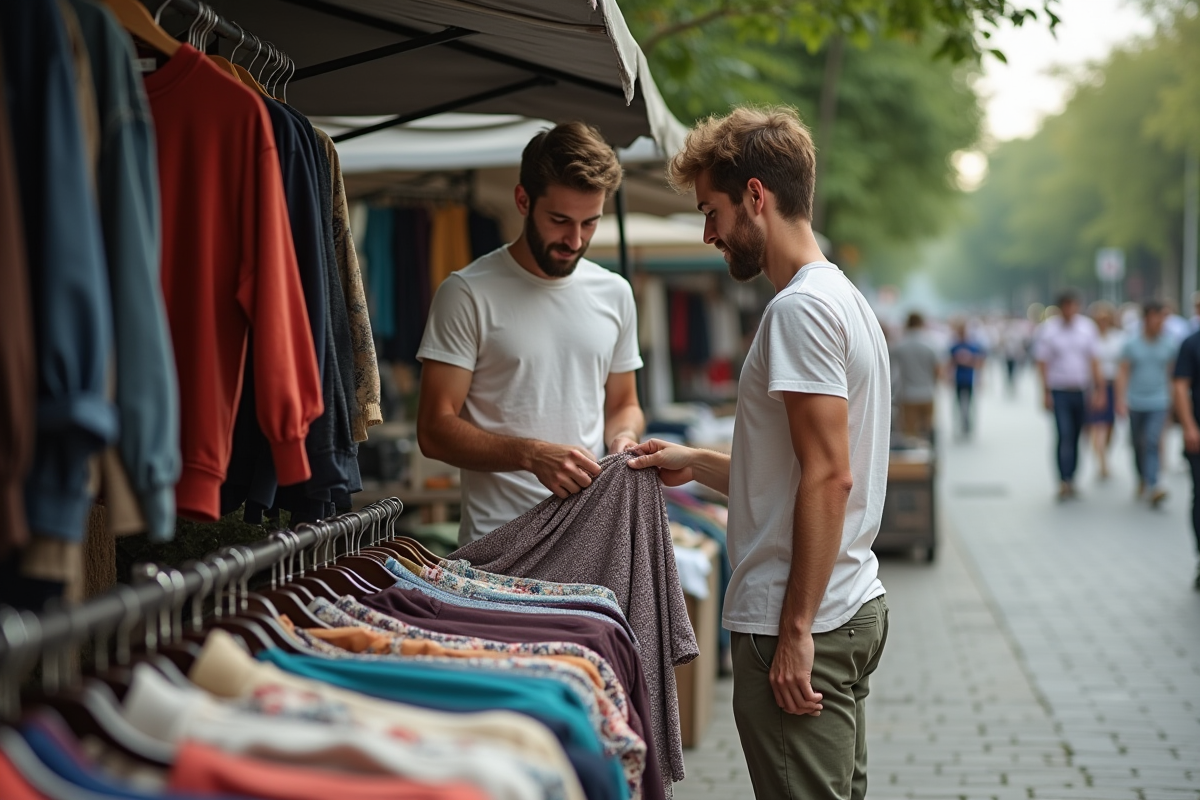 Jeune homme accrochant un shirt vintage dans un marché en plein air