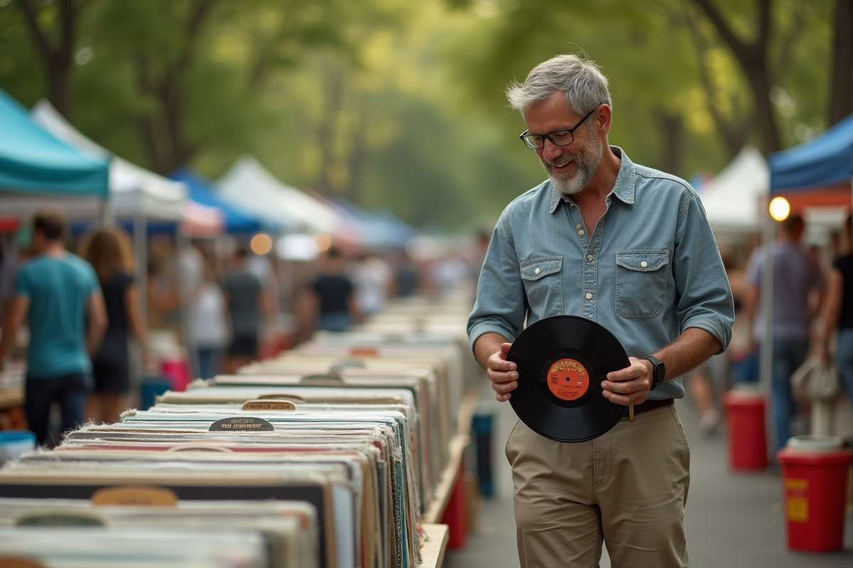 Homme découvrant un vinyle vintage au marché aux puces en plein air