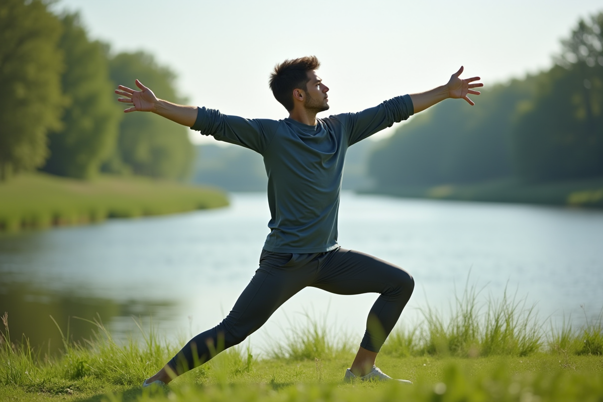 Jeune homme en yoga en extérieur au bord de la rivière
