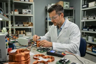 Ingénieur électricien ajustant une bobine solénoïde connectée à une alimentation à courant continu dans un laboratoire d'électronique