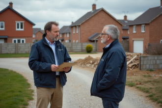 Inspecteur municipal parlant avec un propriétaire devant une maison en construction
