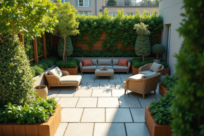 Vue aérienne d'un petit jardin urbain ensoleillé avec jardinières et verdure