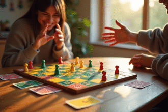 Jeu de Nain Jaune sur une table en bois avec des jetons colorés