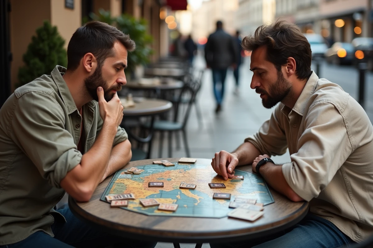 Deux hommes adultes jouant à un jeu de plateau stratégique sur la Guerre Froide en terrasse de café urbain